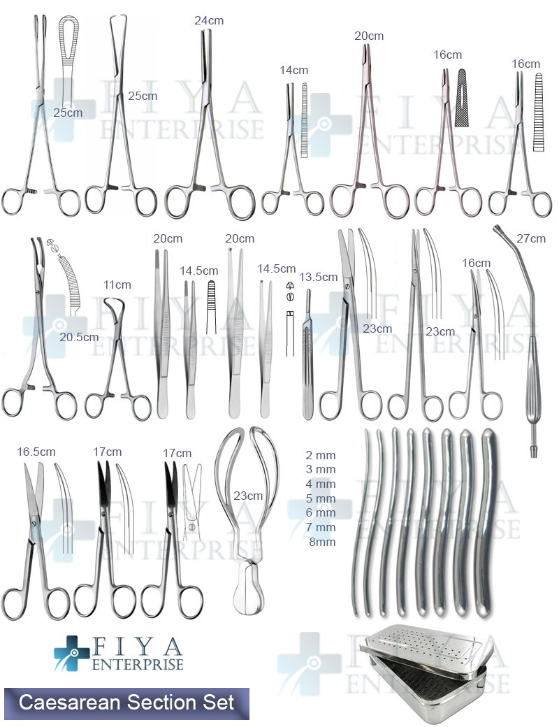 Caesarean Section Set – 60 Piece German Stainless Steel C-Section Kit by Fiya Surgical featuring Simpson Forceps and Mikulicz Clamps.