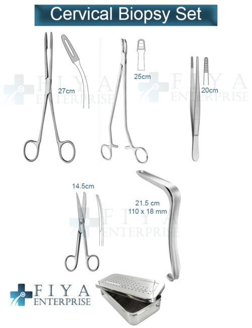 Cervical Biopsy Set – 6 Piece German Stainless Steel Diagnostic Kit by Fiya Surgical featuring Van Doren S-Curved Biopsy Forceps and Kristeller Specula.