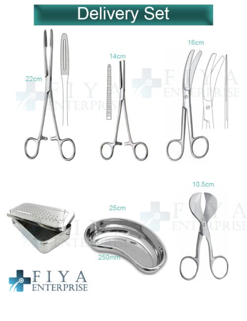 Delivery Set – 5 Piece German Stainless Steel Birth Kit by Fiya Surgical featuring Busch Umbilical Scissors and a Kidney Bowl.