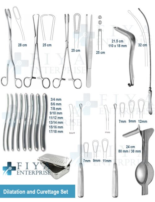 Dilation and Curettage Set – 21 Piece German Stainless Steel Uterine Kit by Fiya Surgical featuring Hegar Dilators and Auvard Speculum.