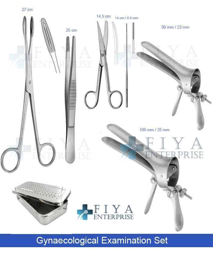 Gynaecological Examination Set – 10 Piece German Stainless Steel Diagnostic Kit by Fiya Surgical including Cusco Specula and Long Dressing Forceps.