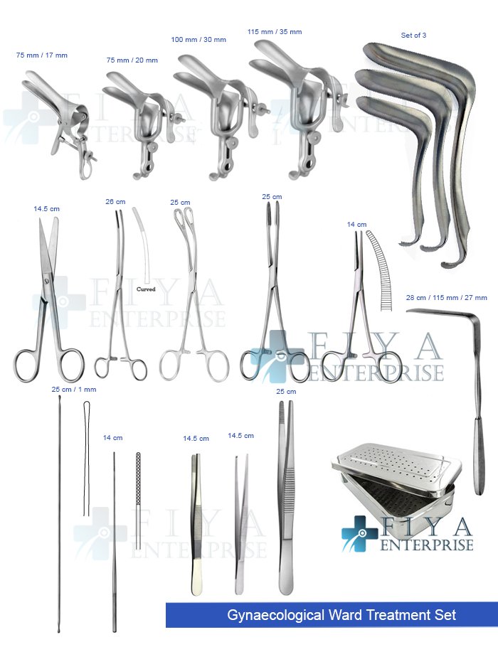 Gynaecological Ward Treatment Set – 29 Piece German Stainless Steel Hospital Kit by Fiya Surgical featuring Grave and Kristeller Specula.