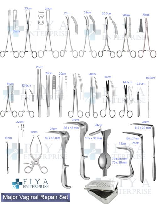 Major Vaginal Repair Set – 67 Piece German Stainless Steel Reconstructive Kit by Fiya Surgical featuring Heaney Forceps and Auvard Speculum.