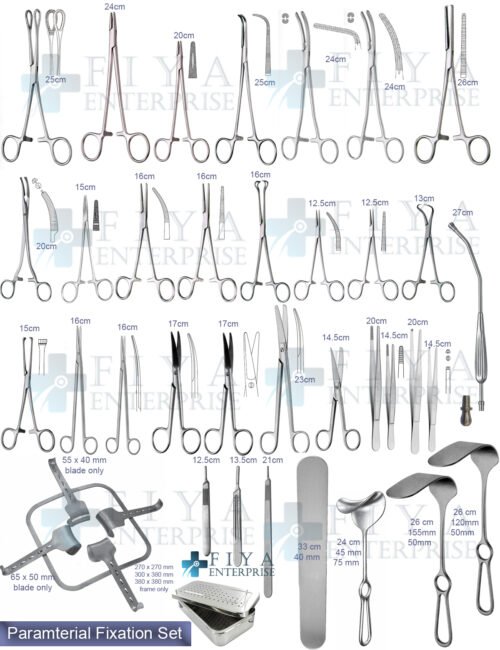 Parametrial Fixation Set – 85 Piece German Stainless Steel Pelvic Kit by Fiya Surgical featuring Parametrium Forceps and Kirschner Retractor.