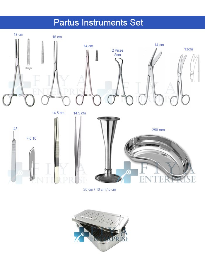 Partus Set – 13 Piece German Stainless Steel Obstetric Delivery Kit by Fiya Surgical.