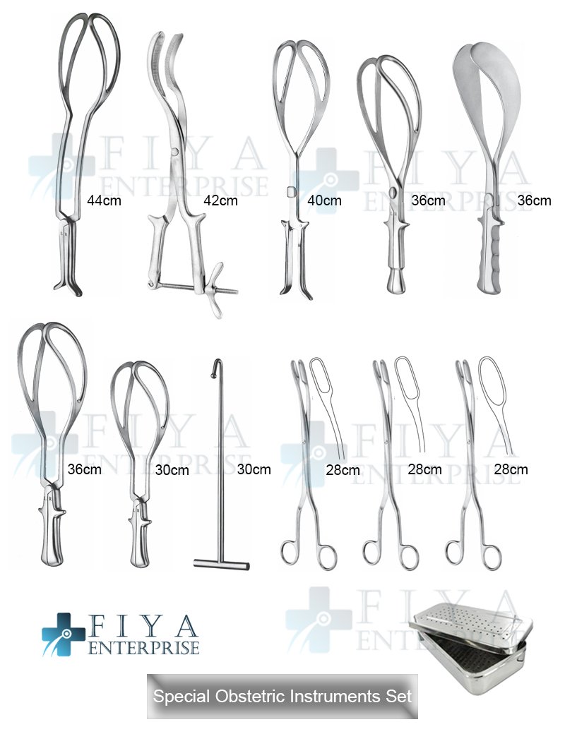 Special Obstetric Instruments – 11 Piece German Stainless Steel Delivery Kit by Fiya Surgical featuring Piper and Simpson Obstetrical Forceps.