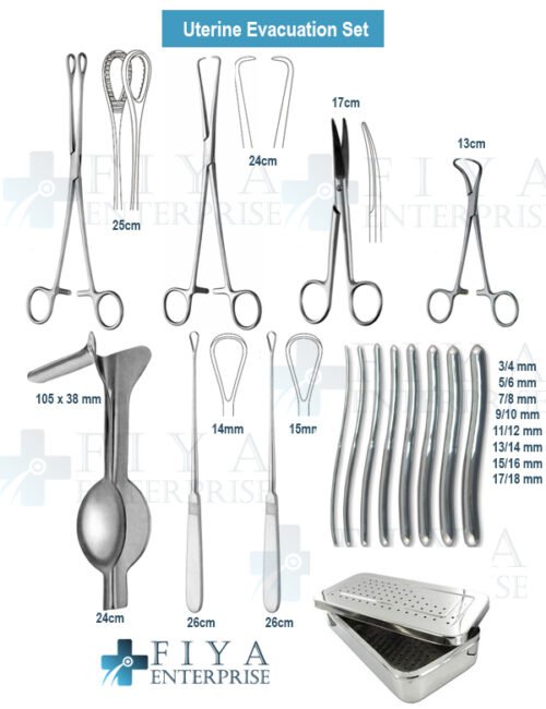 Uterine Evacuation Set – 16 Piece German Stainless Steel Gynae Kit by Fiya Surgical featuring Hegar Dilators and Auvard Speculum.