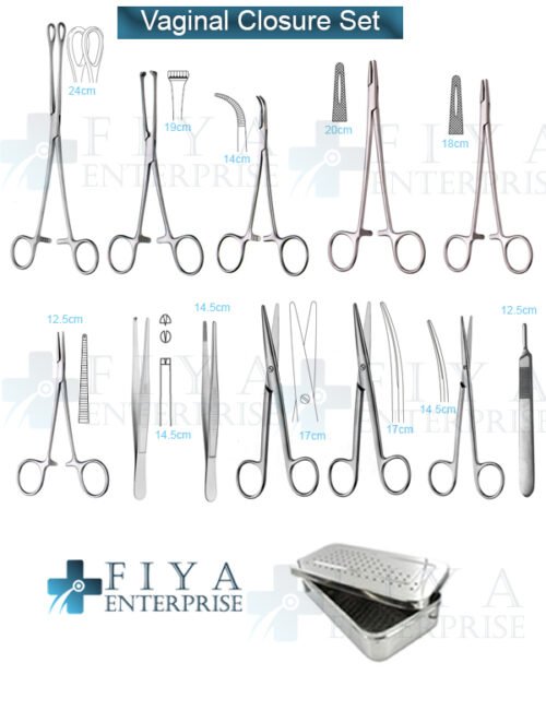 Vaginal Closure Set – 24 Piece German Stainless Steel Pelvic Repair Kit by Fiya Surgical featuring Mayo-Hegar Needle Holders and Allis Forceps.