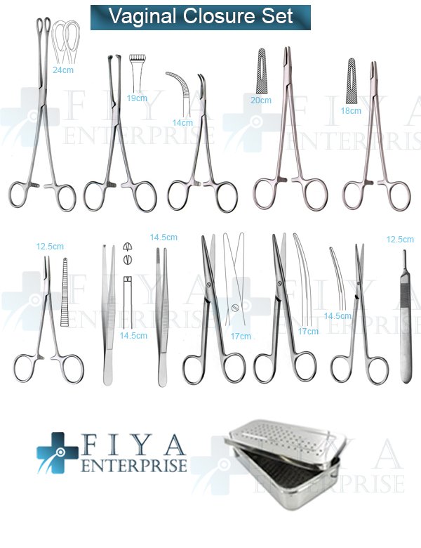 Vaginal Closure Set – 24 Piece German Stainless Steel Pelvic Repair Kit by Fiya Surgical featuring Mayo-Hegar Needle Holders and Allis Forceps.