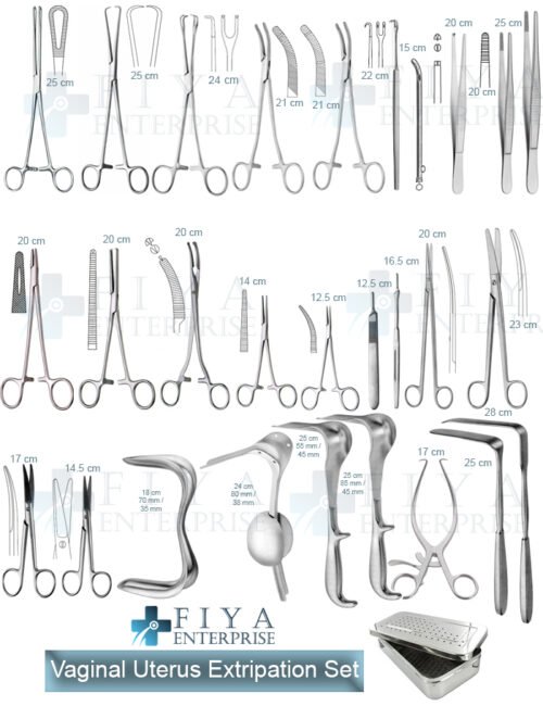 Vaginal Uterus Extirpation Set – 67 Piece German Stainless Steel Vaginal Hysterectomy Kit by Fiya Surgical featuring Heaney Forceps and Museux Tenaculum.
