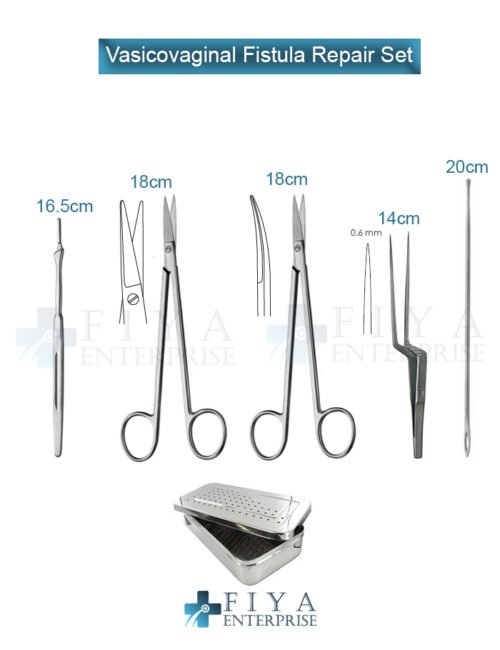 Vesicovaginal Fistula Repair Set – 5 Piece German Stainless Steel Micro-Surgical Kit by Fiya Surgical featuring Bayonet Forceps and Kelly Scissors.
