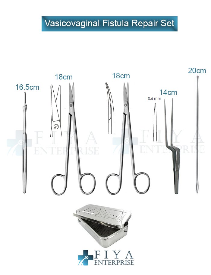 Vesicovaginal Fistula Repair Set – 5 Piece German Stainless Steel Micro-Surgical Kit by Fiya Surgical featuring Bayonet Forceps and Kelly Scissors.