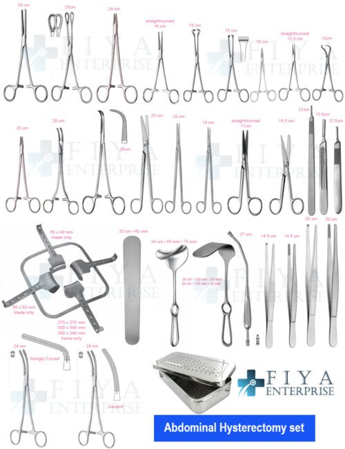 Abdominal Hysterectomy Instrument Set – 105 Piece German Stainless Steel Surgical Kit by Fiya Surgical featuring Kirschner Retractor and Parametrium Forceps.