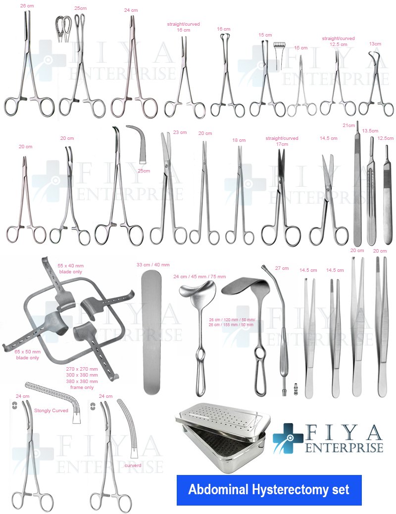Abdominal Hysterectomy Instrument Set – 105 Piece German Stainless Steel Surgical Kit by Fiya Surgical featuring Kirschner Retractor and Parametrium Forceps.