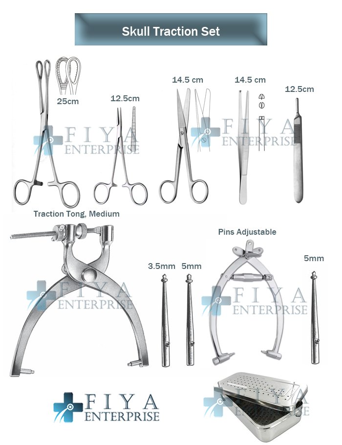 Skull Traction Set with Crutchfield Cervical Tongs and Drill Bits Stainless Steel Fiya Surgical.